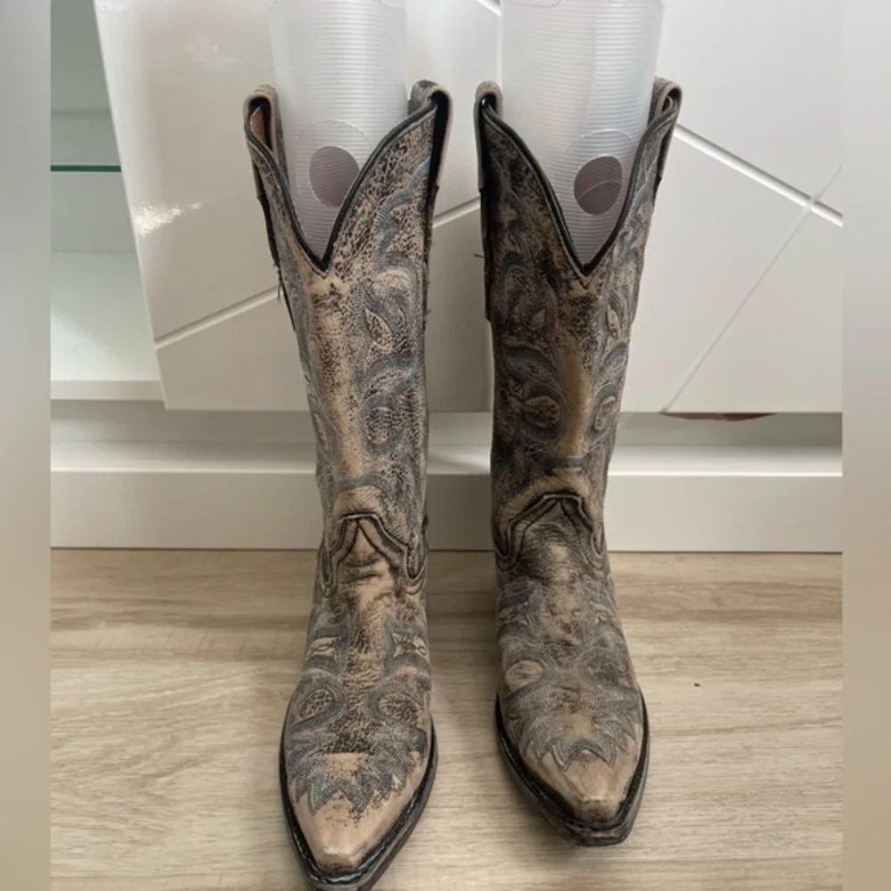 Dan Post Floral Embroidery Western Boot White TAN Women's 7